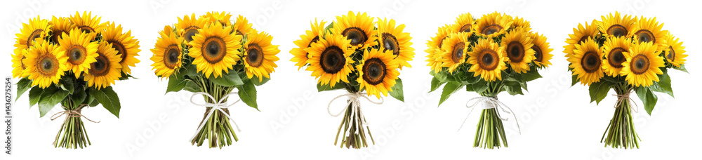 Obraz premium PNG Vibrant sunflower bouquets with ribbons, element set on transparent background