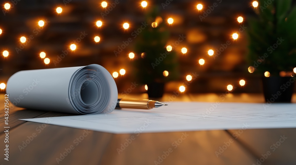 Detailed architectural workspace featuring blueprint rolls and drafting tools with warm lighting in a cinematic atmosphere
