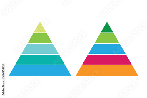Pyramid infographic set. Colorful triangular pyramid icon vector. Pyramid up arrows infographic, diagram chart, triangle graph presentation. Business graph. Vector business illustration. 