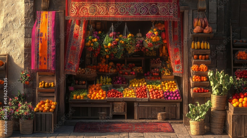 Fototapeta premium Vibrant Fruit and Vegetable Market Stall in Warm Sunlight