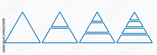 Triangular pyramid infographic vector icon set.Blue pyramid infographic templates collection. Pyramid charts with 3, 4, 5, 6, 7, 8 steps, options, layers, levels. Development level infographic. 