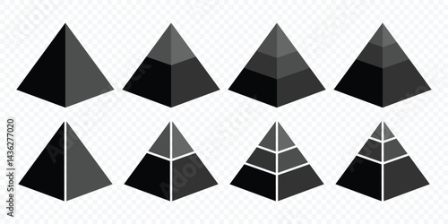 Levels of triangular pyramid. 3d black maslow pyramid. Triangle hierarchy data segments collection. Business concept. Business infographics. Business Presentation, Poster, Banner. Vector illustration
