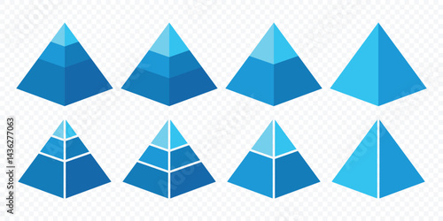 Triangular pyramid infographic vector icon set.Blue pyramid infographic templates collection. Pyramid charts with 3, 4, 5, 6, 7, 8 steps, options, layers, levels. Development level infographic. 