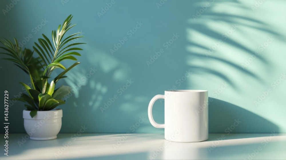 Obraz premium White Mug and Green Plant on Teal Wall with Sunlight Shadows