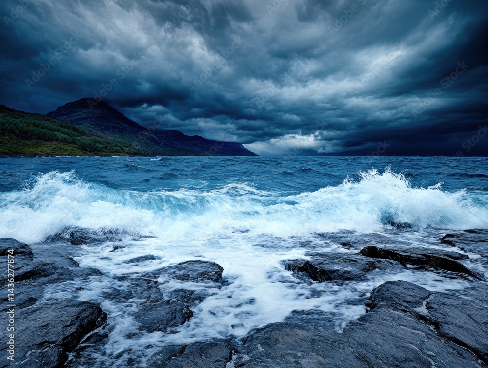 Fototapeta premium Dramatic coastal scene with crashing waves against dark rocks under a stormy sky