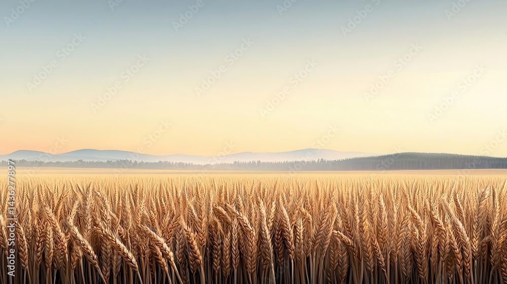 Fototapeta premium Sunrise over European wheat fields, soft golden glow, misty horizon, peaceful rural moment, watercolor style