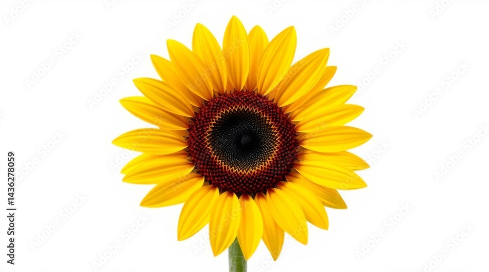 Vibrant sunflower with yellow petals and dark center on white backdrop Vibrant sunflower with yellow petals and dark center on white backdrop