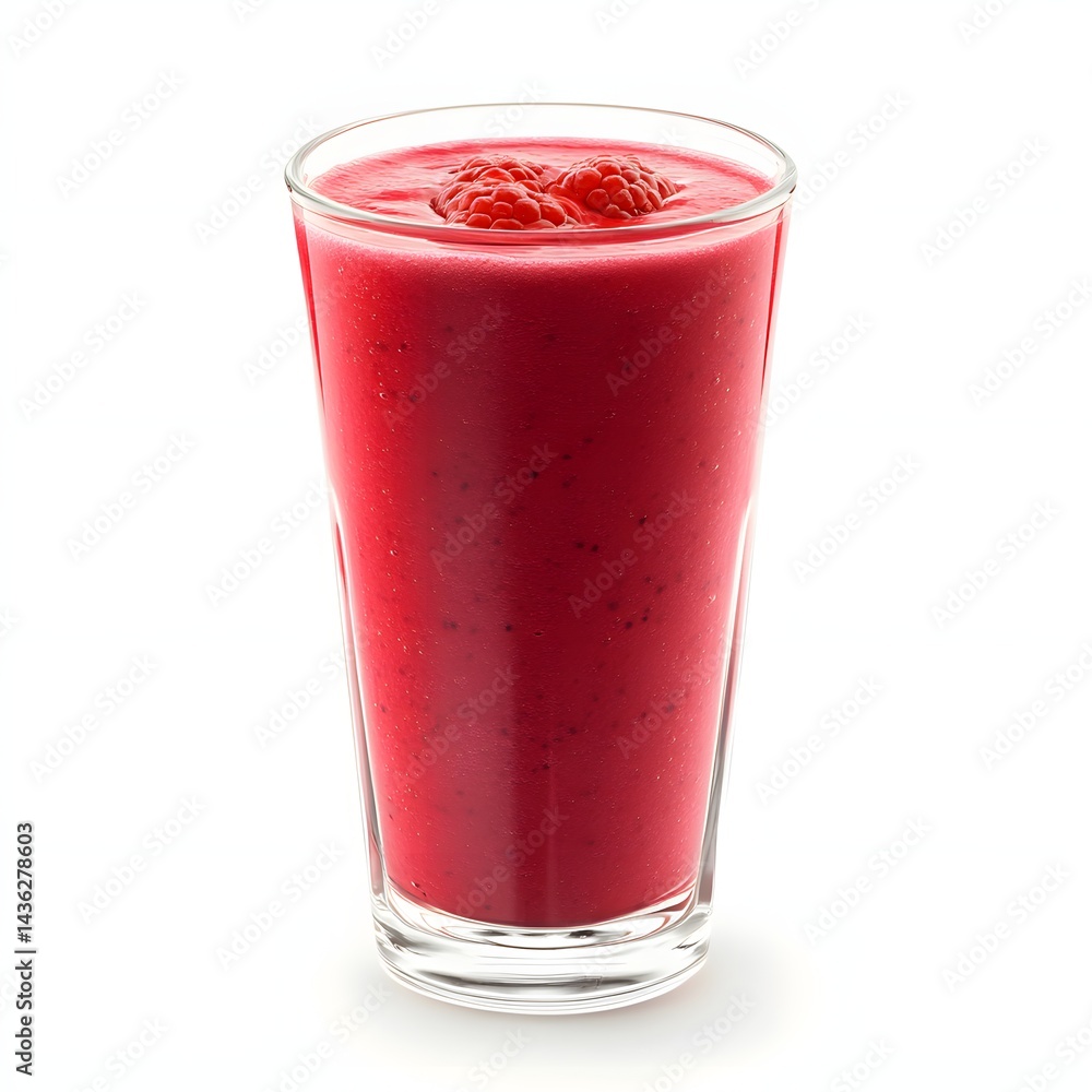 A glass filled with a vibrant red smoothie topped with raspberries isolated on white background A glass filled with a vibrant red smoothie topped with raspberries isolated on white background