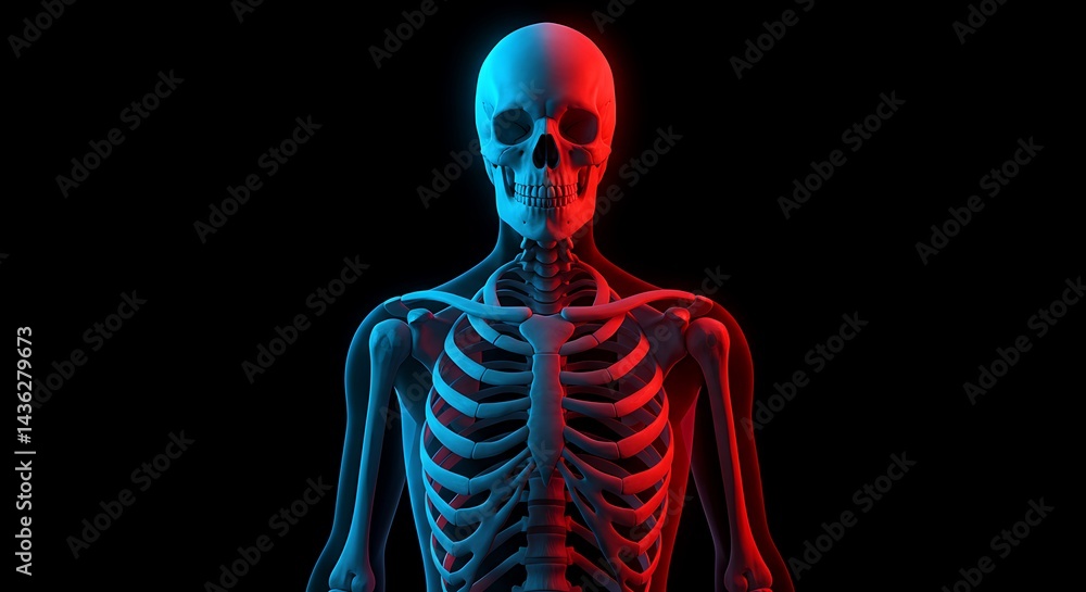 Anatomical skeleton illuminated in contrasting neon lights against dark backdrop Anatomical skeleton illuminated in contrasting neon lights against dark backdrop
