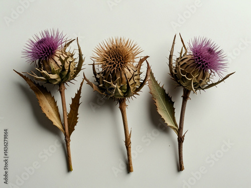 Three thistle flowers on plain background