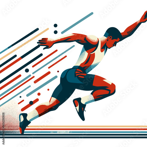Stylized male athlete sprinting forward with dynamic lines and vibrant colors