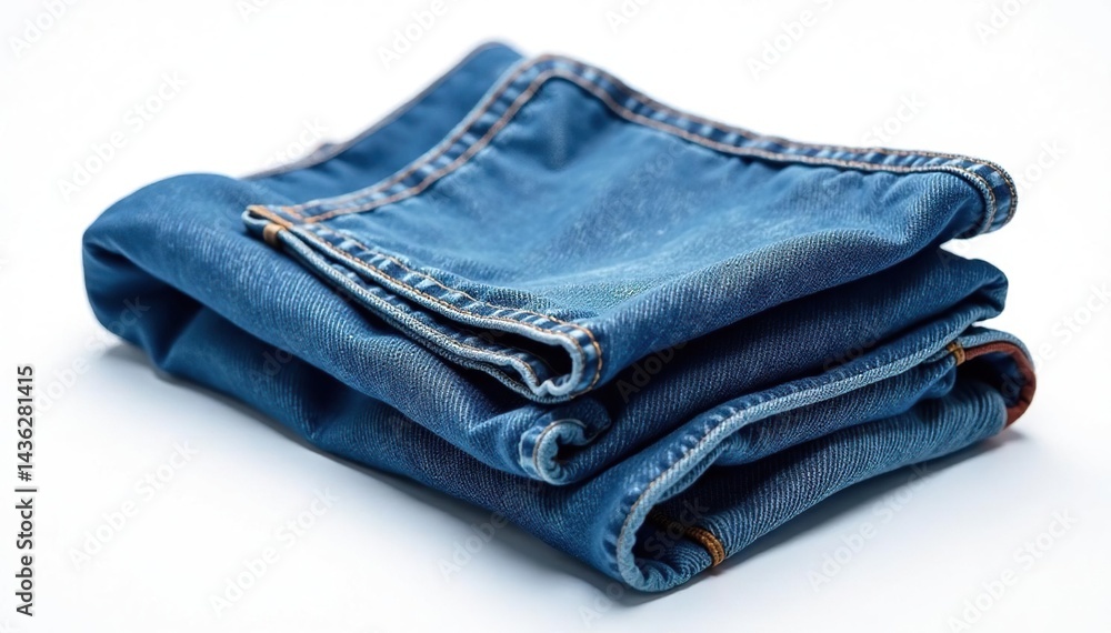 Classic blue denim jeans, neatly folded on white , dark wash, studio Classic blue denim jeans, neatly folded on white , dark wash, studio