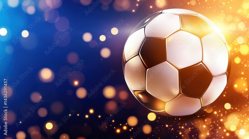 Obraz premium Glowing soccer ball in motion with a vibrant bokeh background of colorful lights