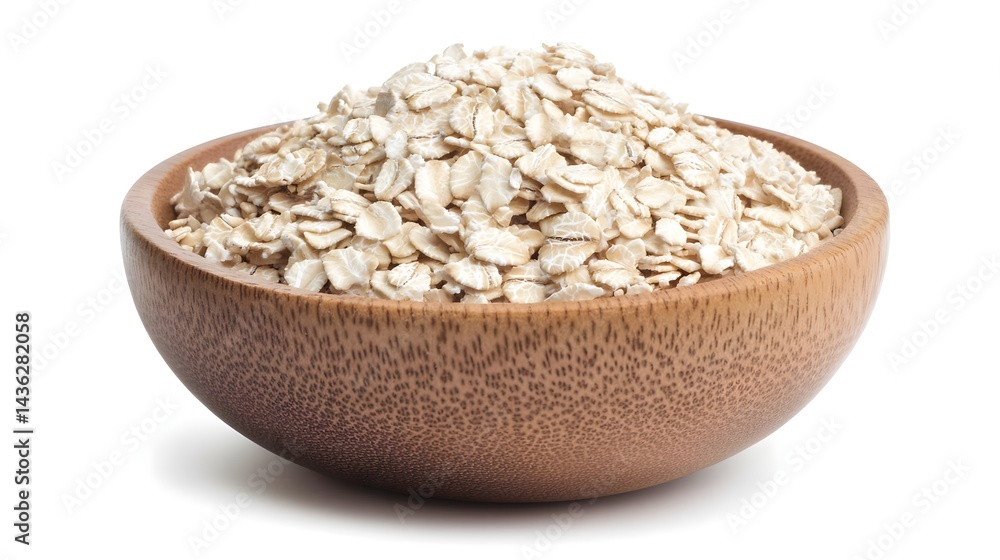 Wooden Bowl Filled with Rolled Oats Isolated on White Background Wooden Bowl Filled with Rolled Oats Isolated on White Background