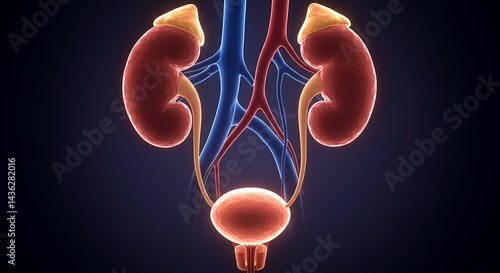 3D medical visualization showcasing the human urinary system anatomy