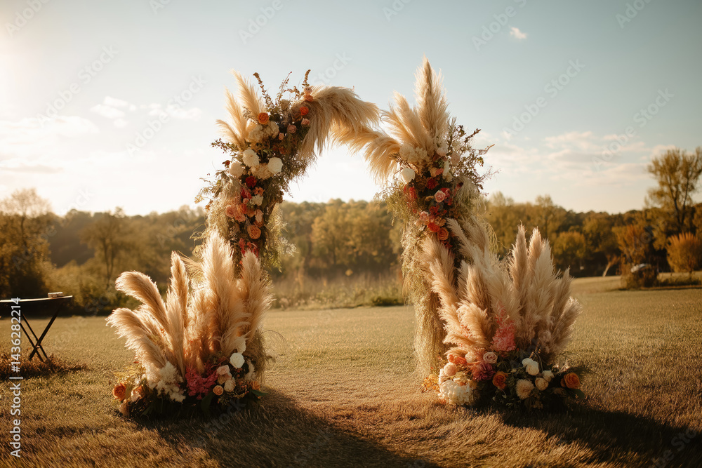 Romantic Outdoor Summer Wedding Arch Decorated with Pampas Grass and Vivid Flowers