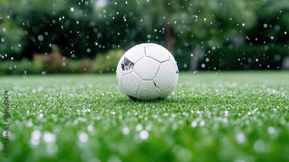 Fototapeta premium Soccer ball on wet grass during light rain