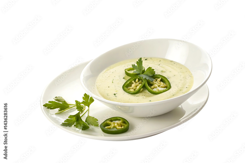 Creamy jalape o soup a delightful culinary creation garnished with fresh parsley and vibrant green jalape o slices served in an elegant white bowl on a pristine plate Soft natural lighting enhances Creamy jalape o soup a delightful culinary creation garnished with fresh parsley and vibrant green jalape o slices served in an elegant white bowl on a pristine plate Soft natural lighting enhances