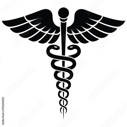 Design a clean, professional representation of the Caduceus symbol, featuring a staff with two serpents entwined around it and a pair of wings at the top. 