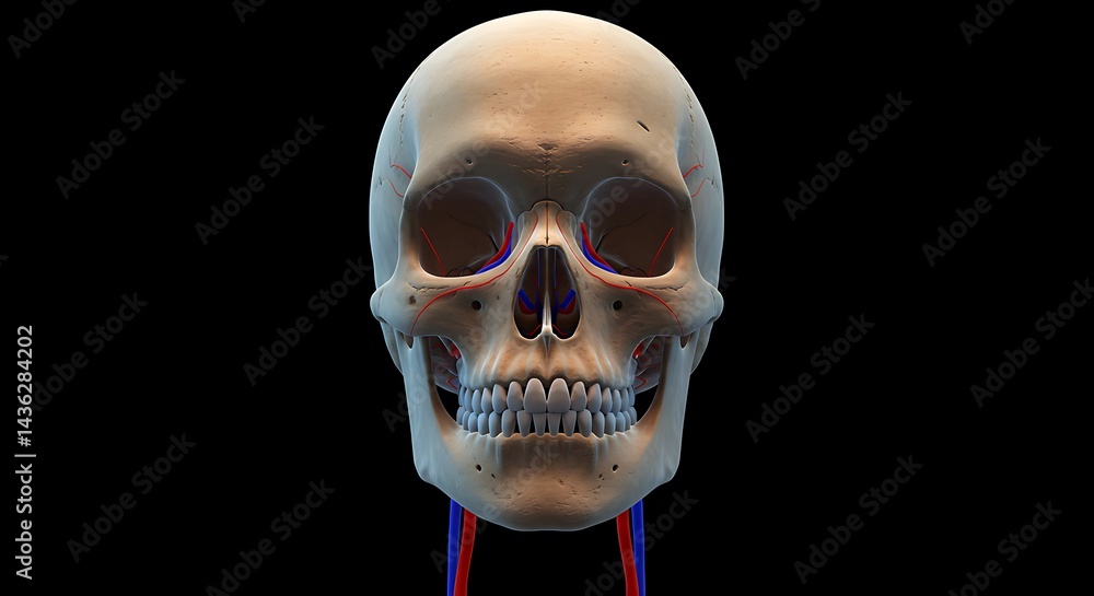 Detailed Anatomical Rendering of a Human Skull with Vascular System Display Detailed Anatomical Rendering of a Human Skull with Vascular System Display