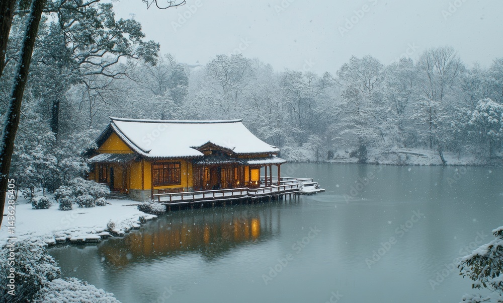 Fototapeta premium Snowy Winter Scene with a Cozy House by the Lake