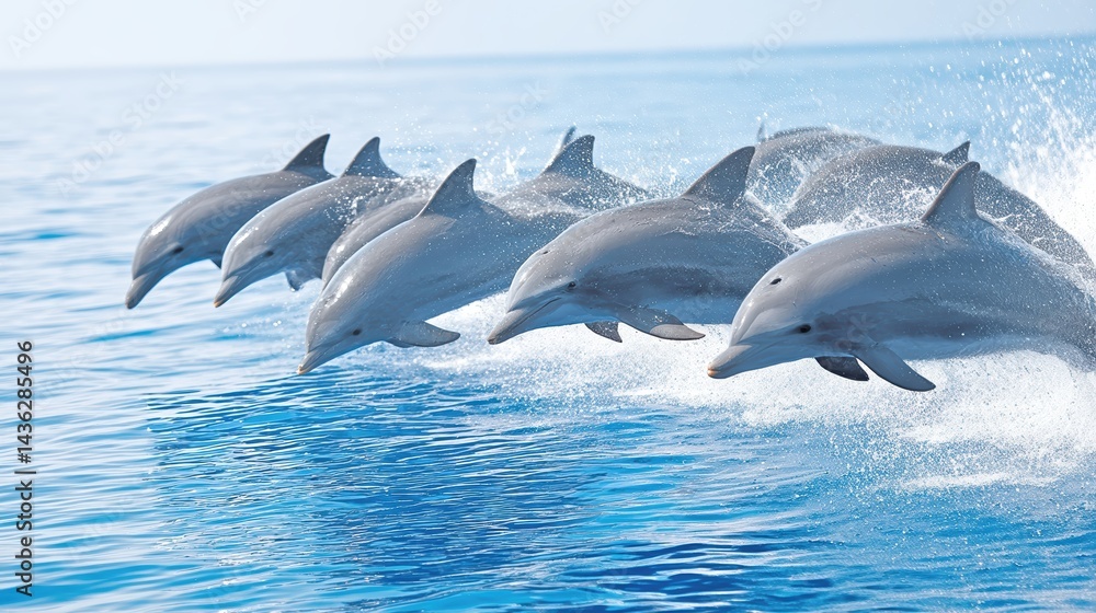 Fototapeta premium Dolphins leap gracefully above ocean waves with sunlight sparkling on water droplets