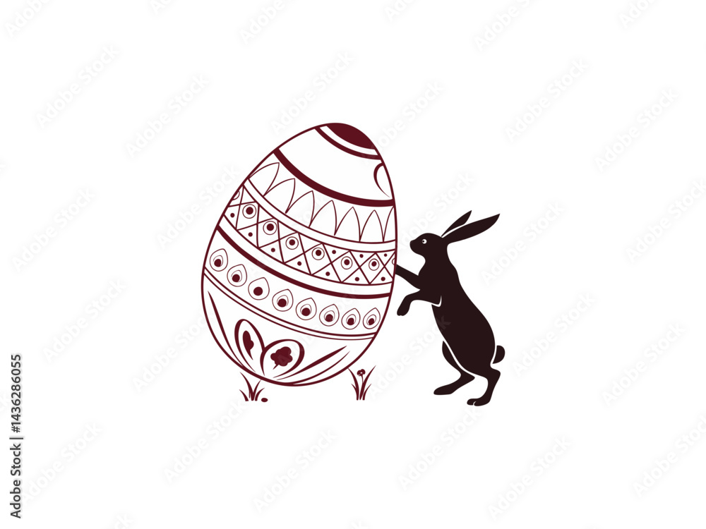 Hand-Drawn Easter Bunny with Decorative Egg – Festive Springtime Illustration for Easter Holiday, Religious Celebration, and Seasonal Greeting Designs