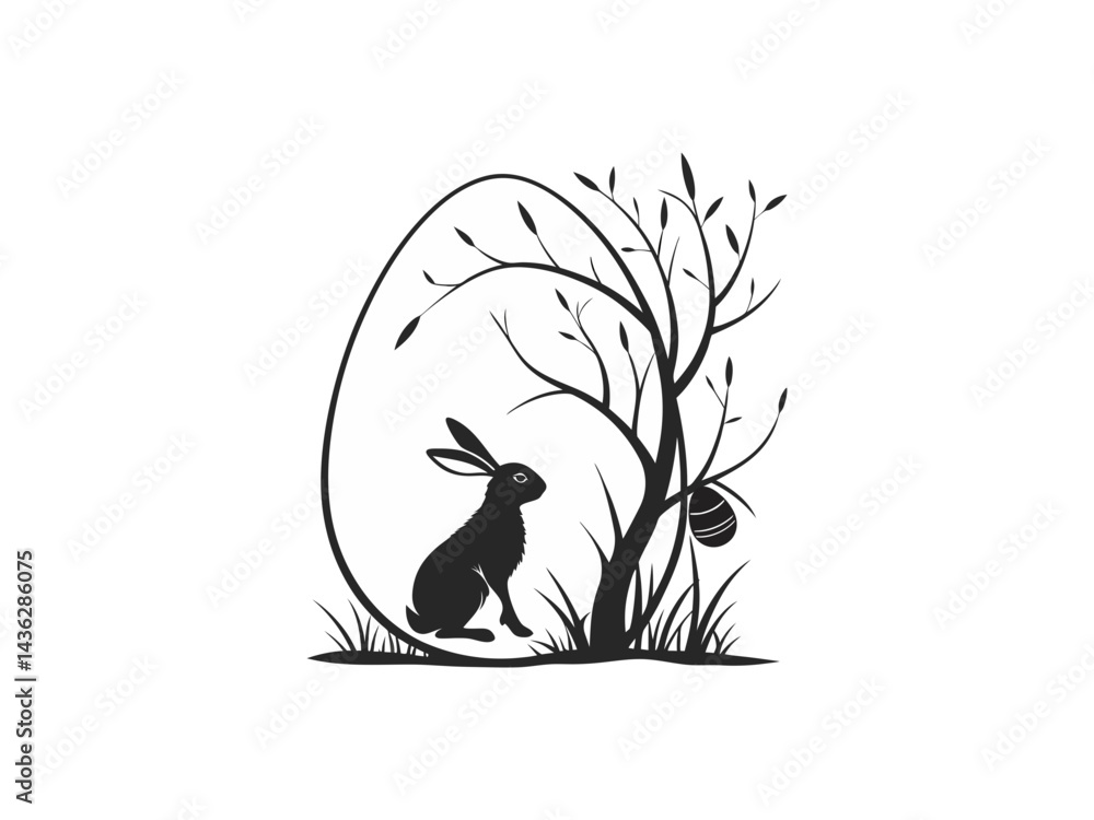Hand-Drawn Easter Bunny with Decorative Egg – Festive Springtime Illustration for Easter Holiday, Religious Celebration, and Seasonal Greeting Designs