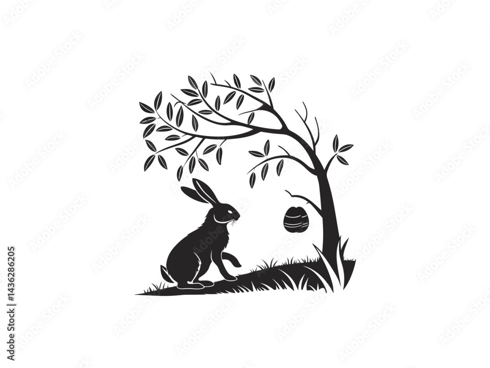 Hand-Drawn Easter Bunny with Decorative Egg – Festive Springtime Illustration for Easter Holiday, Religious Celebration, and Seasonal Greeting Designs