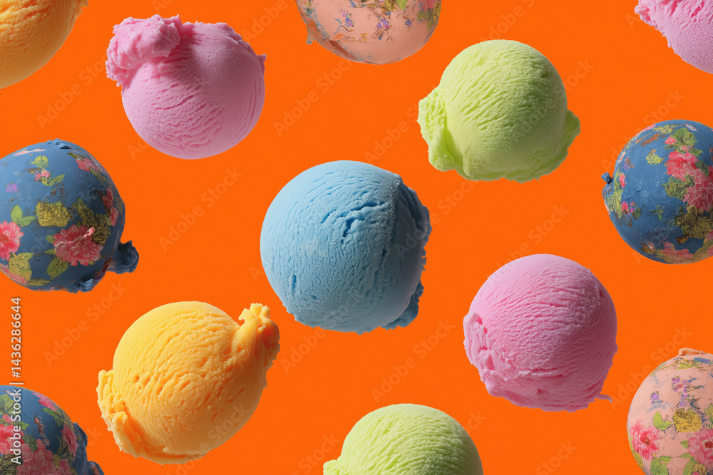 vivid colorful ice cream scoops with floral texture on bright orange background