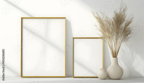 Displaying Blank Frames with Decorative Grass in Vases for Mockup