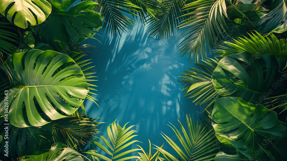 Lush green tropical leaves frame with bright blue sky background, summer party vibe, fresh and exotic, suitable for Latin America beach and holiday promotions Lush green tropical leaves frame with bright blue sky background, summer party vibe, fresh and exotic, suitable for Latin America beach and holiday promotions