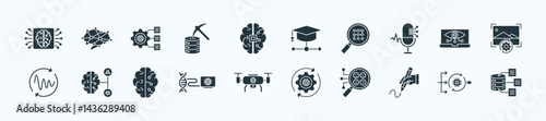 Artificial intelligence thin icon set containing machine learning, neural network, natural language processing, data mining, fuzzy logic