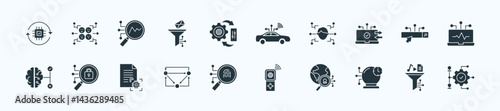 Artificial intelligence thin icon set containing optimization,emotion recognition,anomaly detection,spam filtering,automatic control
