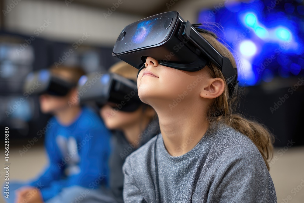 Focused children engrossed in virtual reality experience. Focused children engrossed in virtual reality experience.
