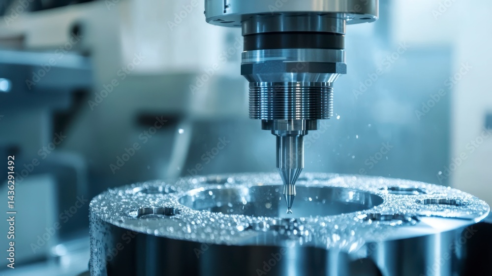 Close-up of CNC milling machine cutting metal workpiece with sparks and coolant. Close-up of CNC milling machine cutting metal workpiece with sparks and coolant.