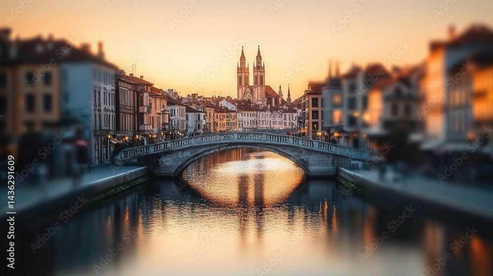 Obraz premium A medieval bridge arching over a river, gothic rooftops reflecting in the shimmering sunset waters