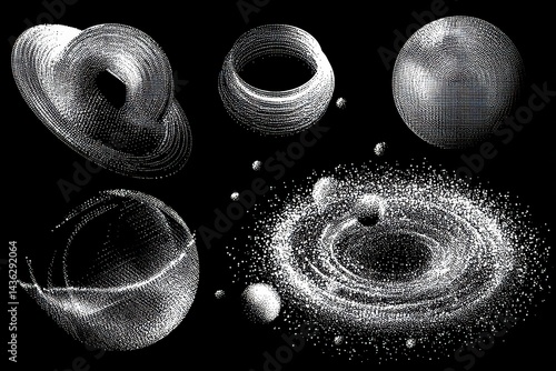 Abstract Space Objects: Galaxy, Planets, and Rings in Pointillism Style