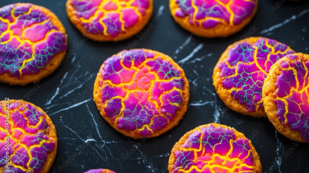 Fototapeta premium Colorful Crackled Cookies on Dark Marble Background