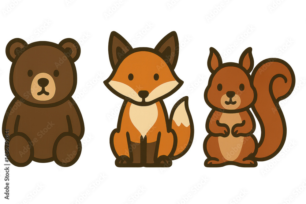 Cute cartoon animals: bear, fox, and squirrel in simple illustration. Isolated illustration Cute cartoon animals: bear, fox, and squirrel in simple illustration. Isolated illustration