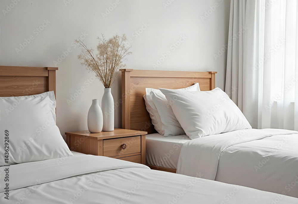 Obraz premium Award-winning high-resolution stock photo showcasing a close-up of minimalist bedroom decor: white bedside tables, vases, wooden headboard, and clean white walls.