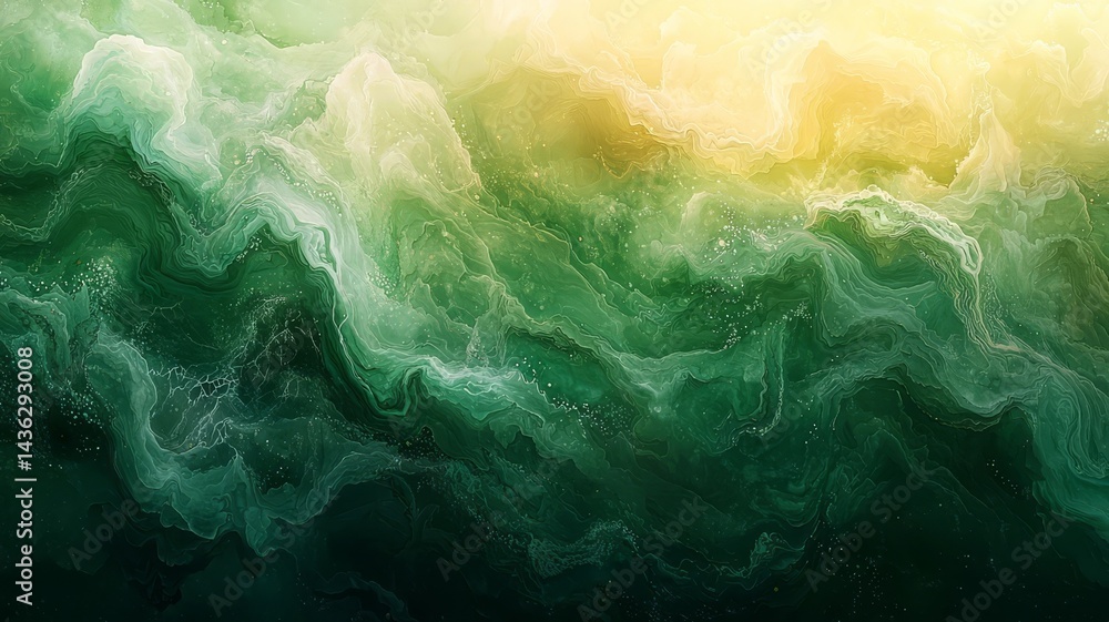 Obraz premium Abstract green and gold fluid art, showcasing swirling textures and vibrant colors, perfect for modern decor and creative projects.