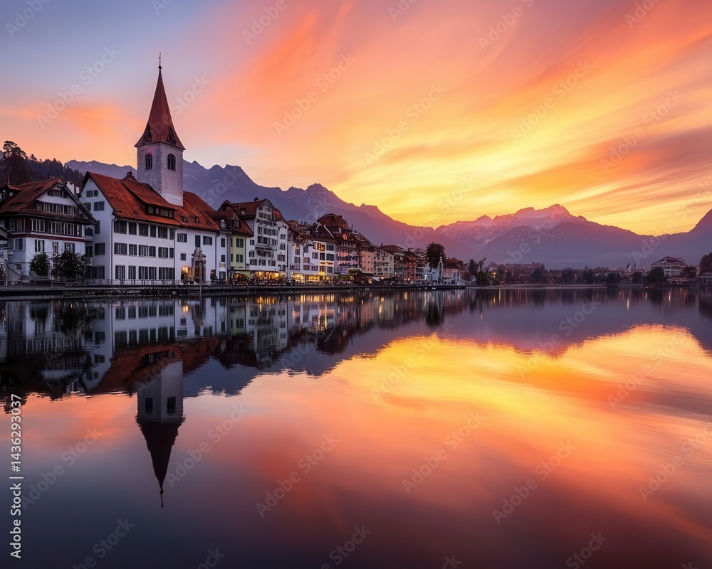 Fototapeta premium A tranquil European lake reflecting gothic rooftops and the deep orange glow of the evening sky