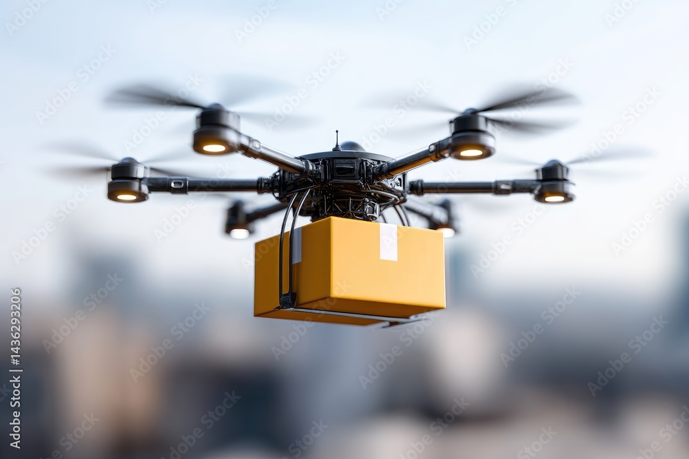 Modern delivery drone carrying a package in the sky.