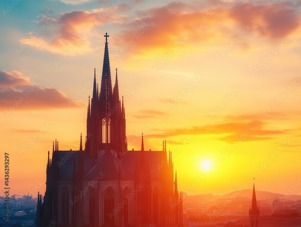 Naklejka premium A grand cathedral s spires glowing under the setting sun, gothic rooftops reflecting warm amber tones