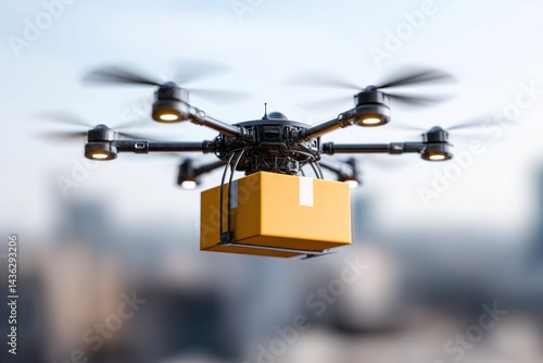 Obraz na płótnie Modern delivery drone carrying a package in the sky. w salonie