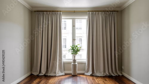 A minimalist interior room with floor-to-ceiling cream-colored pinch pleat curtains hanging from a gold curtain rod mounted on a white crown molding.