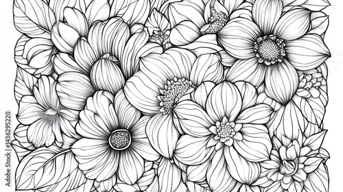 Wallpaper Mural Detailed Line Art Floral Bouquet, White Background, Coloring Book Illustration Torontodigital.ca