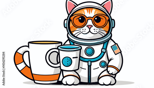 Astronaut Cat with Coffee Illustration_Cute Cat in Spacesuit with Mugs_Funny Feline Astronaut Cartoon_Ideal for Cat Lovers and Space Enthusiasts_Download now