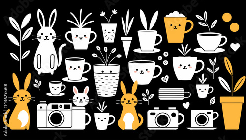 Cute_Bunny_and_Camera_Art_Print Whimsical_Home_Decor_with_Adorable_Rabbits Playful_Illustration_for_Kids Rooms Unique_Coffee_Mug_and_Plant_Motif